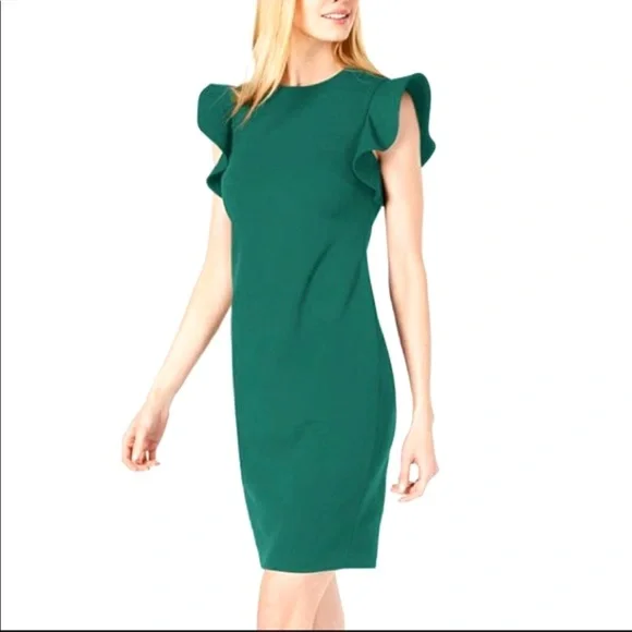 calvin klein green ruffle dress Calvin Klein | Dresses | Calvin Klein Green Shift Dress Ruffle Sleeves Back  Zipper Nwt Sz 6